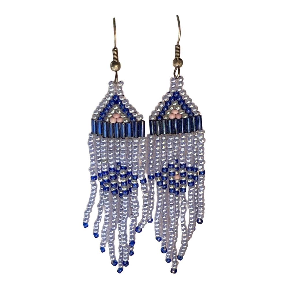 🌟VINTAGE 70’s PIERCED BEADED EARRINGS🌟9 strands of glass blue bead dangles